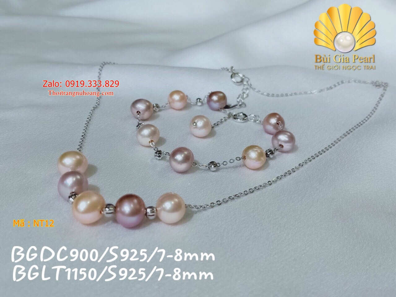 Set dây chuyền lắc tay bạc mạ vàng ngọc trai phối màu cao cấp NT12